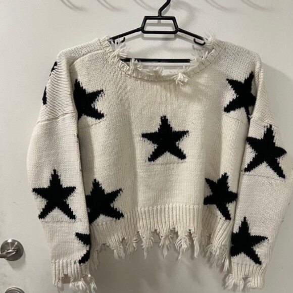 Storia Womens Ivory Knit Star Patched Cropped Sweater Fringed Hem Size Large - Picture 4 of 9